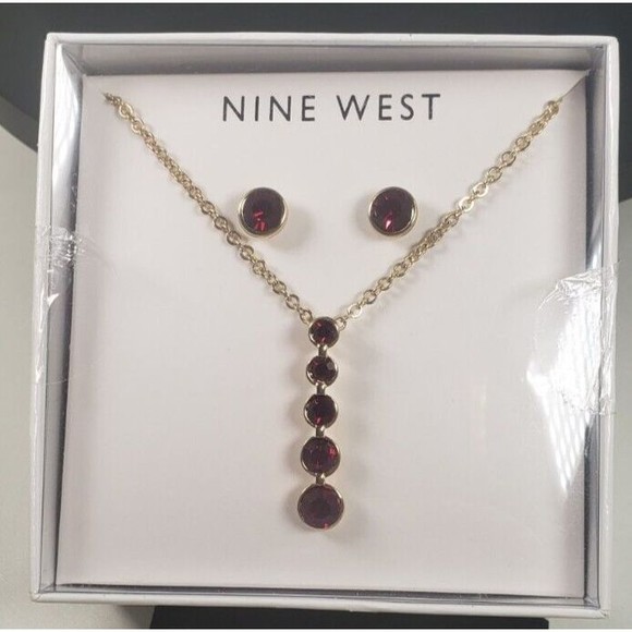 Nine West Jewelry Dark Red/Garnet Rhinestone Necklace and Earrings Set - Picture 6 of 7